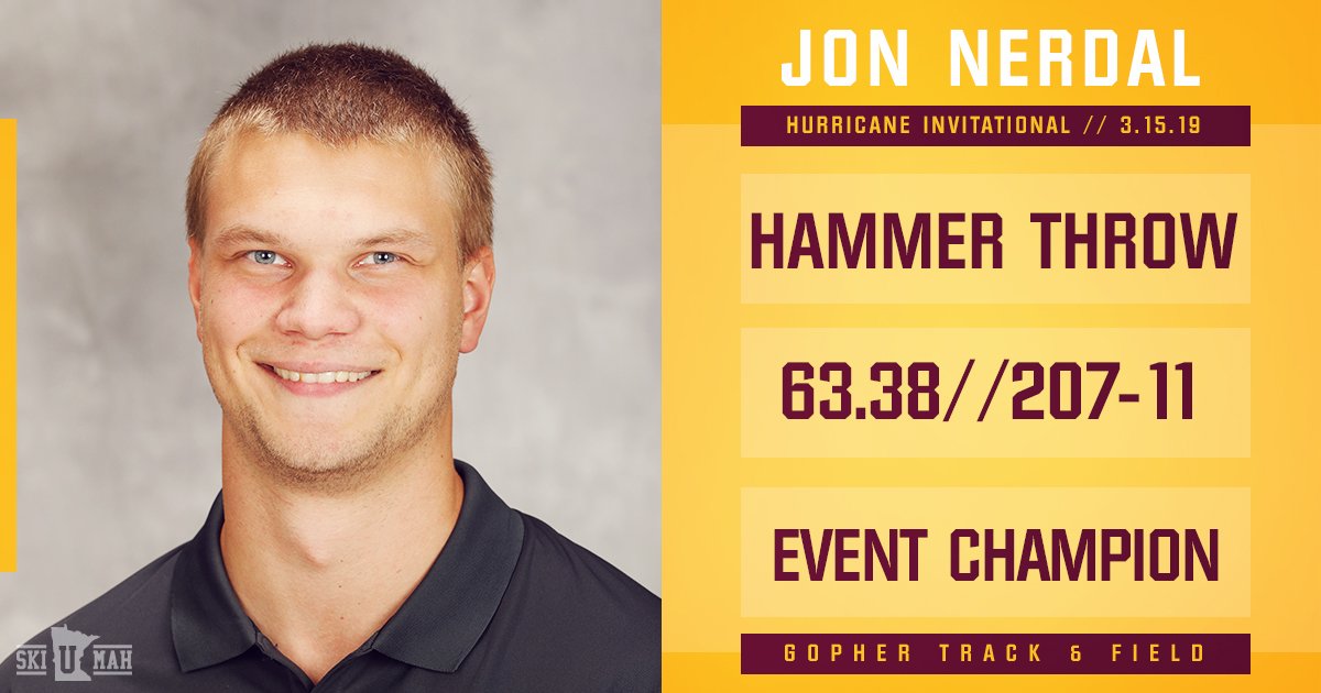 Make it ✌️ wins for the #Gophers! Jon Nerdal hits a new personal record by one inch to win the hammer throw at the Hurricane Invitational (Nerdal remains 8th in program history). 

Siekmeier finishes third, C. Rousemiller comes in fourth.