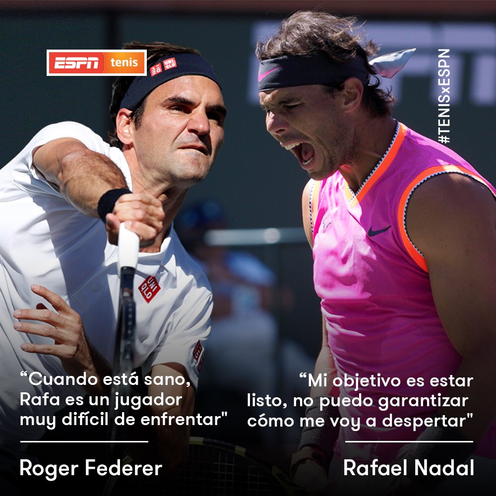 ESPNtenis's tweet photo. #TENISxESPN ¡Qué duelo se viene este sábado a partir de las 16:30hs BUE/SCL, 2:30PM BOG/LIM, 1:30PM CDMX por ESPN 2 y @ESPNPLAY! Federer y Nadal se verán en las semifinales del Masters 1000 de #IndianWells. 💪🎾😱 https://t.co/Bw6GZb1b9N