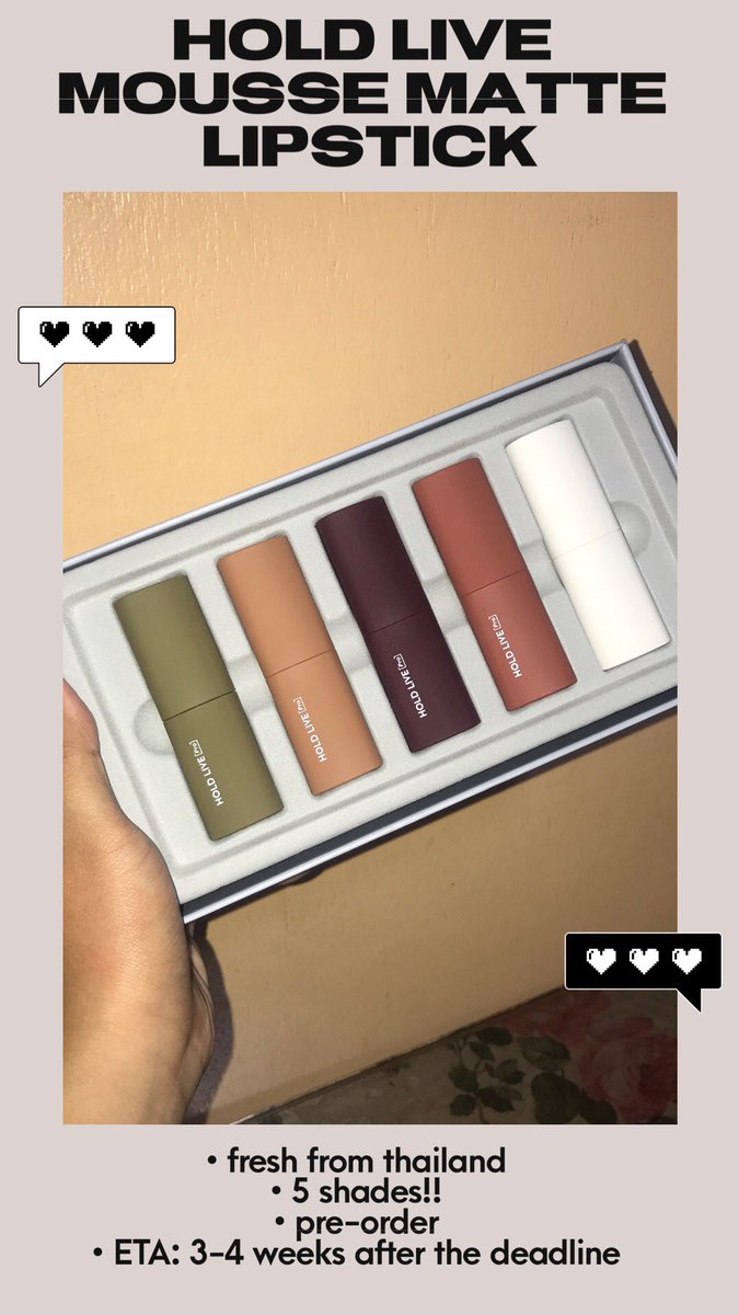 #HFPHSelling | 🛒 HOLD LIVE MOUSSE MATTE LIPSTICK

💋 5 shades are available!
💋 can order 1 set (5 pcs) or 1 or 2 piece/s (any shades of your choice!)
💋 fresh from THAILAND!
💋 ETA: 3-4 weeks after the deadline

📍 1/2pcs: P 250.00
📍 1 set: P 980.00