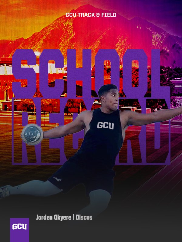 GCU Track & Field + Cross Country (@gcu_trackxc) on Twitter photo Have a debut in the discus, sir. <a href="/Jorden_Okyere/">Jorden Okyere</a> breaks the school record in the discus twice on consecutive throws.
New mark to beat, 47.79 meters #LopesUp Have a debut in the discus, sir. <a href="/Jorden_Okyere/">Jorden Okyere</a> breaks the school record in the discus twice on consecutive throws.
New mark to beat, 47.79 meters #LopesUp