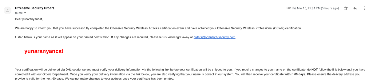 yunaranyancat's tweet image. It&apos;s official! I&apos;m now part of #OSWP family. Thank you @offsectraining for the experience. Now , I&apos;m ready to try harder for OSCP . ≧◡≦