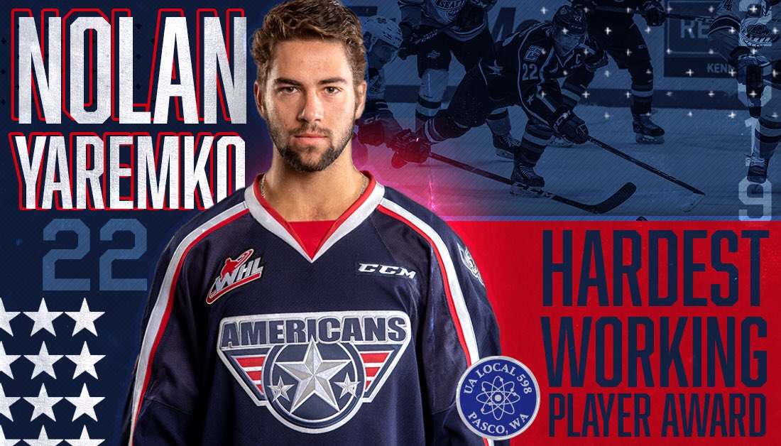 TCAmericans's tweet photo. 🏆 | The 2018-19 Local Union 598 Hardest Working Player award goes to #22 Nolan Yaremko

#AmsNation https://t.co/pg0qDRxn1o