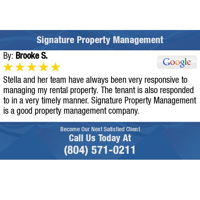 SignatureSPM's tweet image. 5 Star: Brooke S. "Stella and her team have always been very responsive to managing my rental property. The..." bit.ly/28Q0JgK