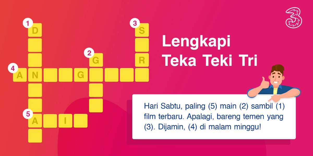 3CareIndonesia's tweet photo. Mau pulsa gratis malem ini? Isi Teka Teki Tri di bawah ini!  

Caranya:  
1. Follow @3CareIndonesia   
2. Retweet &amp; like postingan ini.  
3. Lengkapi soal cerita dengan melengkapi TTS, mention 2 teman.  
4. Sertakan hashtag #3ViaTime #3CareForYou  

Ditunggu sampai 17 Maret 2019! https://t.co/b8bgdb00dz