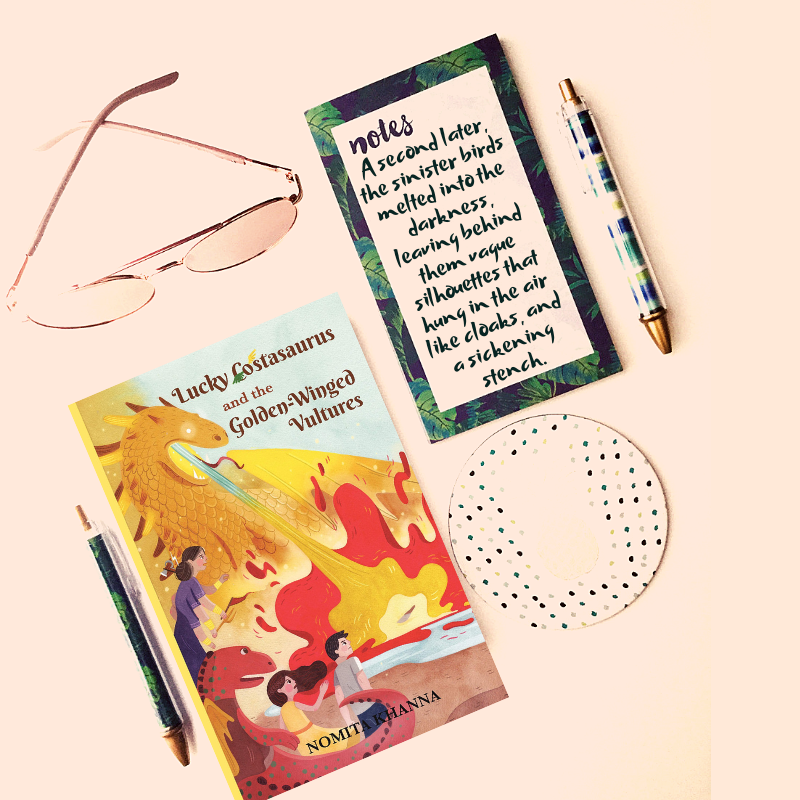 readerscornerin's tweet photo. “A second later, the sinister birds melted into the darkness, leaving behind them vague silhouettes that hung in the air like cloaks, and a sickening stench.’  from ‘Lucky Costasaurus and the Golden-Winged Vultures by @nomita_khanna.

#luckyCostasaurus #NomitaKhanna #Fiction https://t.co/YqmNLacuyZ