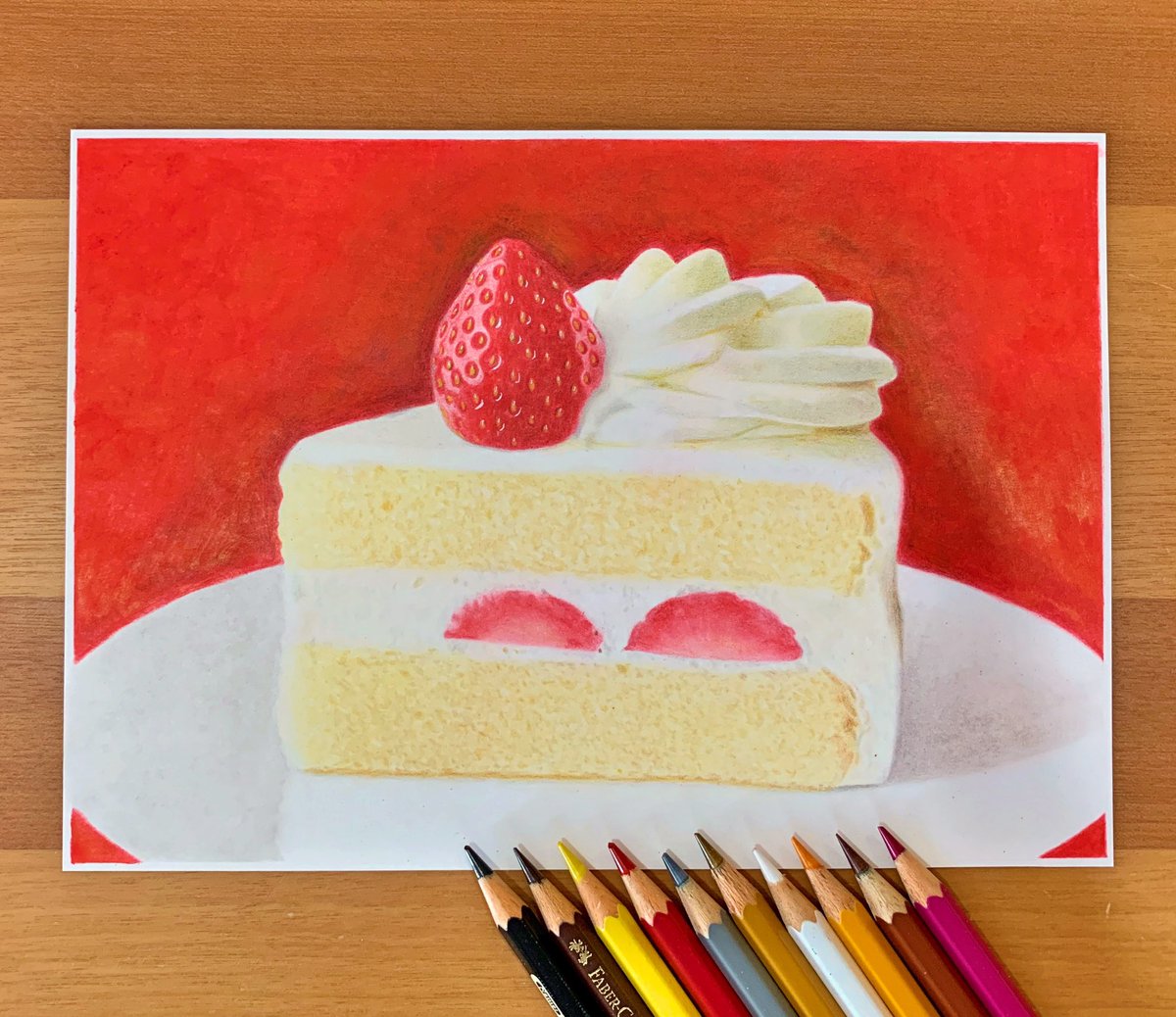 ここまるさんのツイート ショートケーキを色鉛筆とパンパステルで描きました 色鉛筆画 ショートケーキ ケーキ 美味しそうならrt