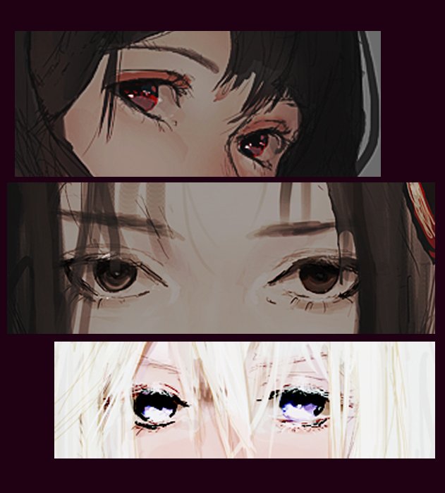 multiple girls eye focus blue eyes looking at viewer black hair brown eyes white hair  illustration images