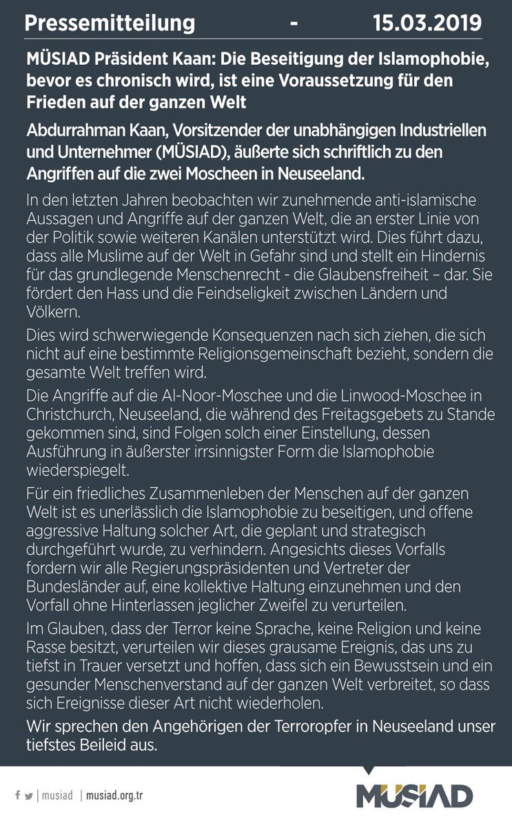 MUSIAD's tweet photo. MÜSIAD Präsident Kaan: Die Beseitigung der Islamophobie, bevor es chronisch wird, ist eine Voraussetzung für den Frieden auf der ganzen Welt #NewZealand https://t.co/VI1vAG56m5