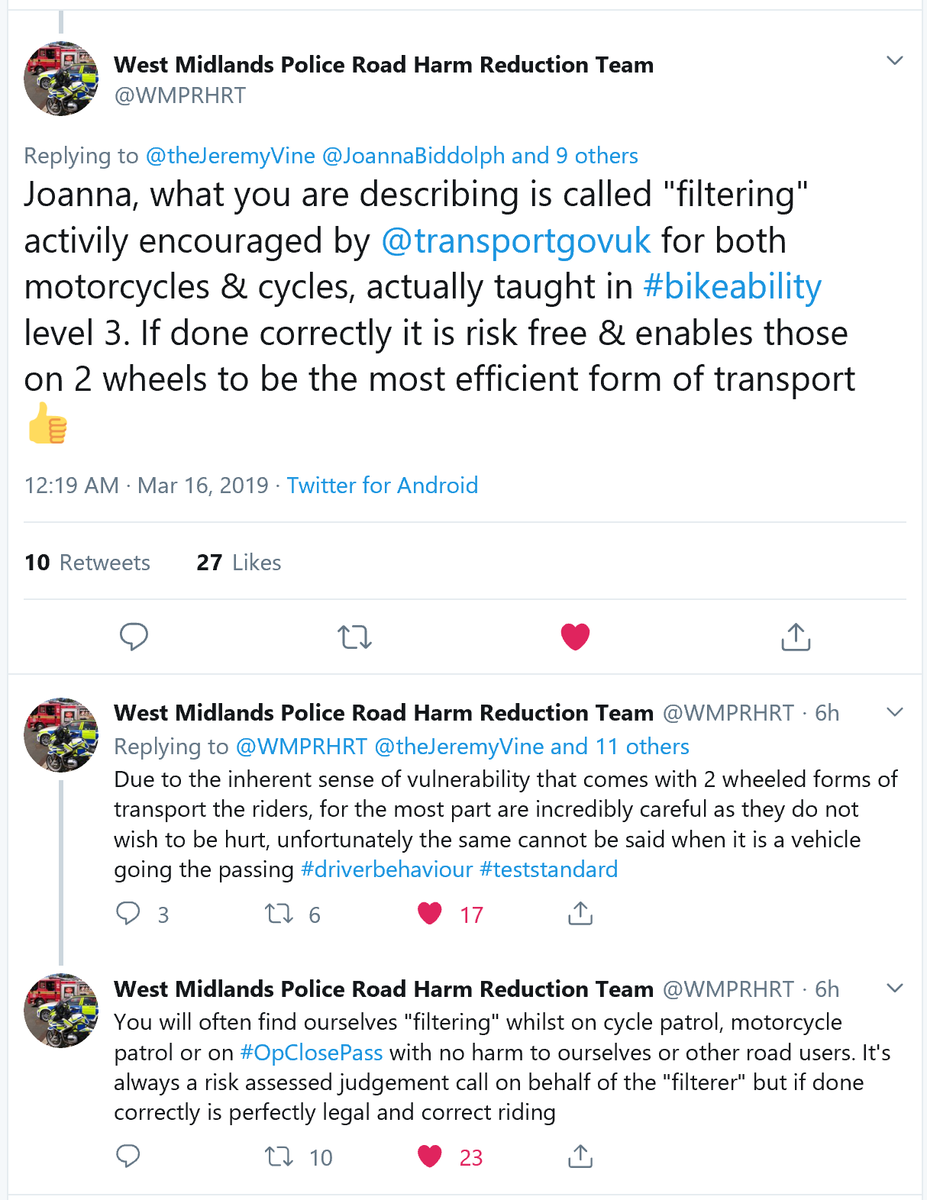 There's a subset of drivers who get disproportionately annoyed by folks on bikes making their way past backed-up traffic. Ever the voice of the petty Little Englander, a Conservative councillor asked whether this is legal. Here's how my favourite set of cops on twitter replied: