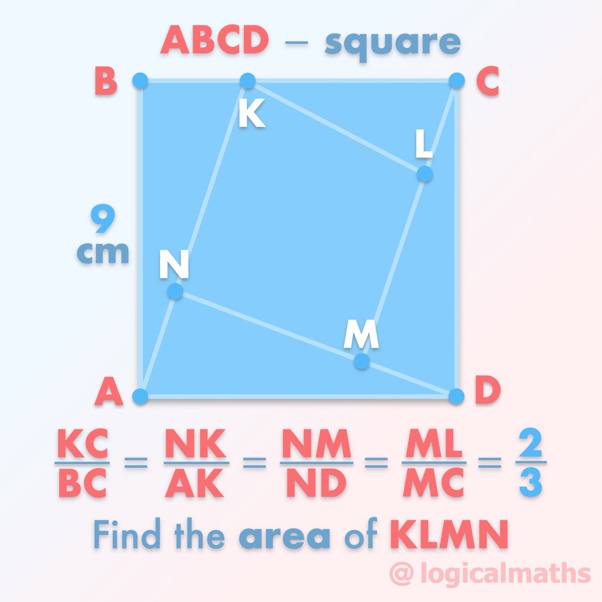 pro__logic's tweet photo. SOLUTION TO THE PROBLEM:
https://t.co/IkDZa37O7e
In a square ABCD, point K place between B and C, N between A and K, point M between N and D, L between M and C such that ratios KC/BC, NK/AK, MN/DN, and LM/CM all equal 2/3
#logicalmaths #iteachmath #geometry #maths #math https://t.co/5WhqoeAXbF
