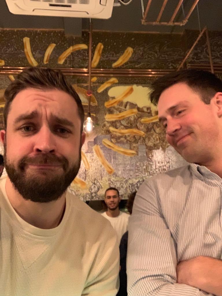 therealjonnyl's tweet photo. Bit of time on their hands before the #footballweeklylive show starts, @agtownley and @hamptonscorner recreate that iconic Guardian PR shot of @maxrushden and @bglendenning (with a small man in between them) https://t.co/ytKWWZFdid