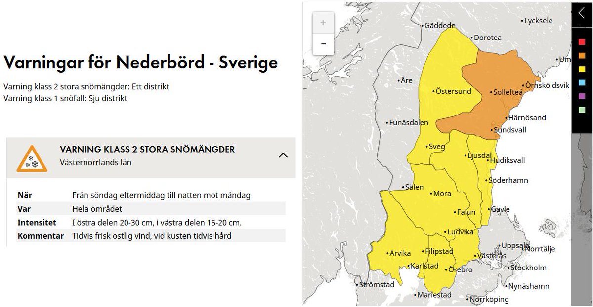 SMHIvader's tweet photo. #Varningar är utfärdade med anledning av morgondagens omfattade #snöfall. Mest #snö väntas i Västernorrlands län där klass 2 #varning är utfärdad @P4vn För mer info se vår #varningssida: https://t.co/tkKE1QaVkh https://t.co/BhLlYFFViM
