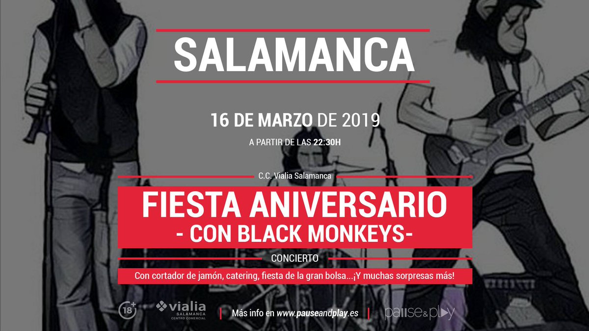 VialiaSalamanca's tweet photo. 🎈 VEN a la Fiesta de aniversario del @pauseandplayes  🎉
Concierto de @LosBlackMonkeys , catering gratuito, fiesta de la gran bolsa, cortador de jamón, ¡y muchas cosas más!
🕥 HOY a las 22:30h
🎟 GRATIS
💃🏼 ¡OS ESPERAMOS! https://t.co/x2TQXlColC