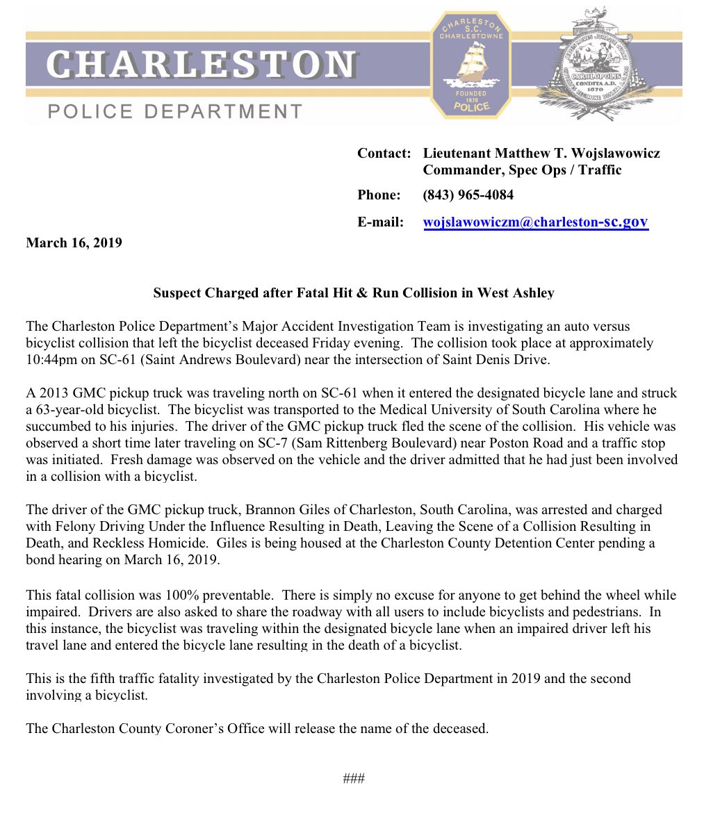 ** UPDATE **  Suspect charged after fatal hit &amp; run collision involving bicyclist in West Ashley last night.  <a href="/CharlestonPD/">Charleston P.D.</a>  <a href="/CityCharleston/">City of Charleston</a> #chsnews  #chstrfc