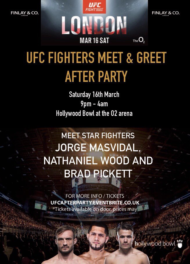 Tonight’s the big night 👌🏻💪🏻 limited tickets so don’t miss out 😜

ufcafterparty.eventbrite.co.uk

<a href="/GamebredFighter/">Jorge Masvidal</a> <a href="/TheProspectMMA/">Nathaniel Wood</a> @EventsFinlay <a href="/UFCEurope/">UFC Europe</a>