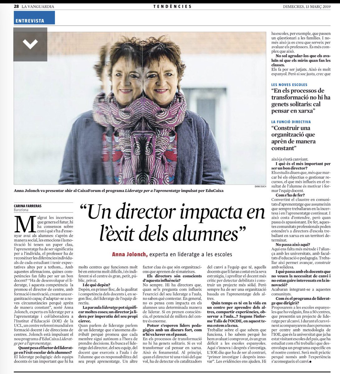 xaviermcelorrio's tweet photo. Entrevista a @AnnaJolonch amb la que coincideixo plenament. Lideratge distribuït i fonamentat en el coneixement del canvi educatiu que ha de ser circular: de la práctica ➡️a la recerca i a l'inrevés. Autonomia CREATIVA de centre. Gran encert @Educaixa Tot el nostre suport 👏👏👏 https://t.co/Wcib0KDBeN