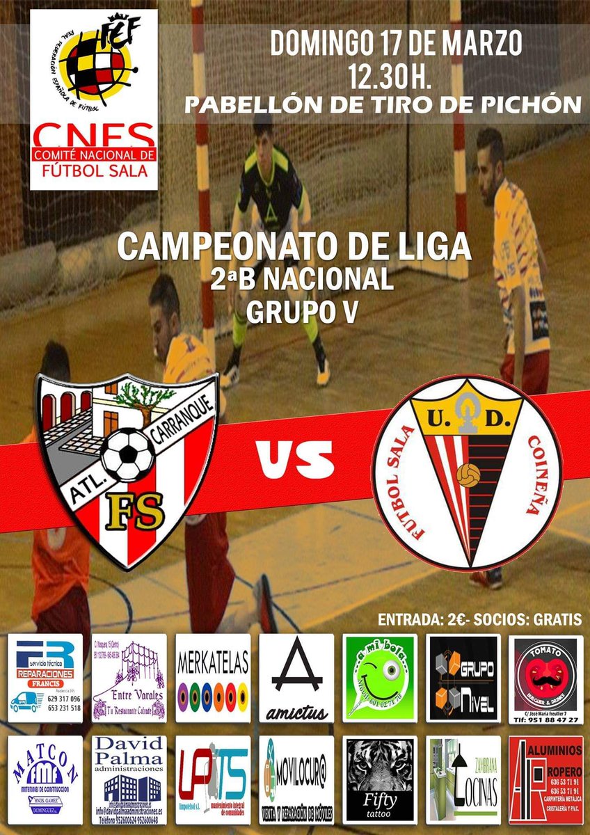 Recuerda, Mañana partidazo con el Derbi Provincial:

Atlético Carranque Fútbol Sala
🆚
UD. COINEÑA FS.

‼️OS ESPERAMOS‼️