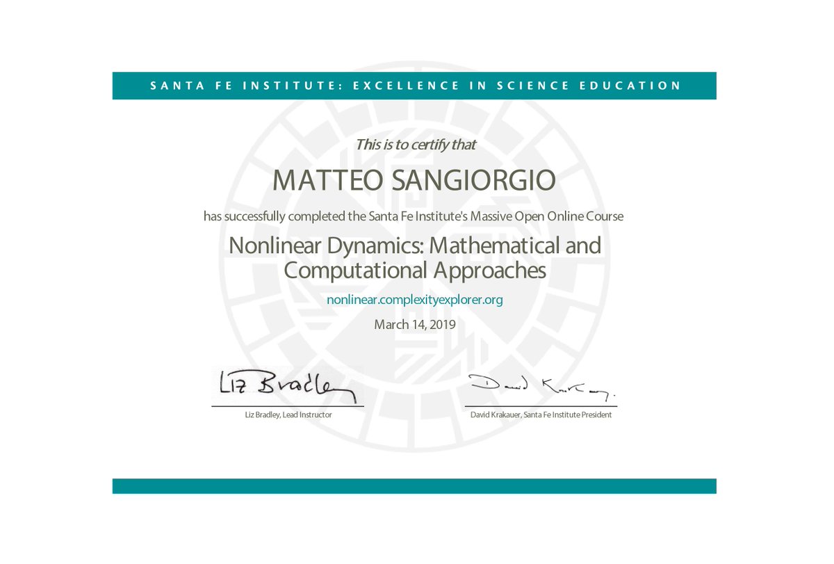 teos1992's tweet image. Just completed &quot;Nonlinear Dynamics: Mathematical and Computational Approaches&quot; from @ComplexExplorer and @sfiscience
#NonLinearSystems #ComplexSystems #ChaosTheory  #MOOC