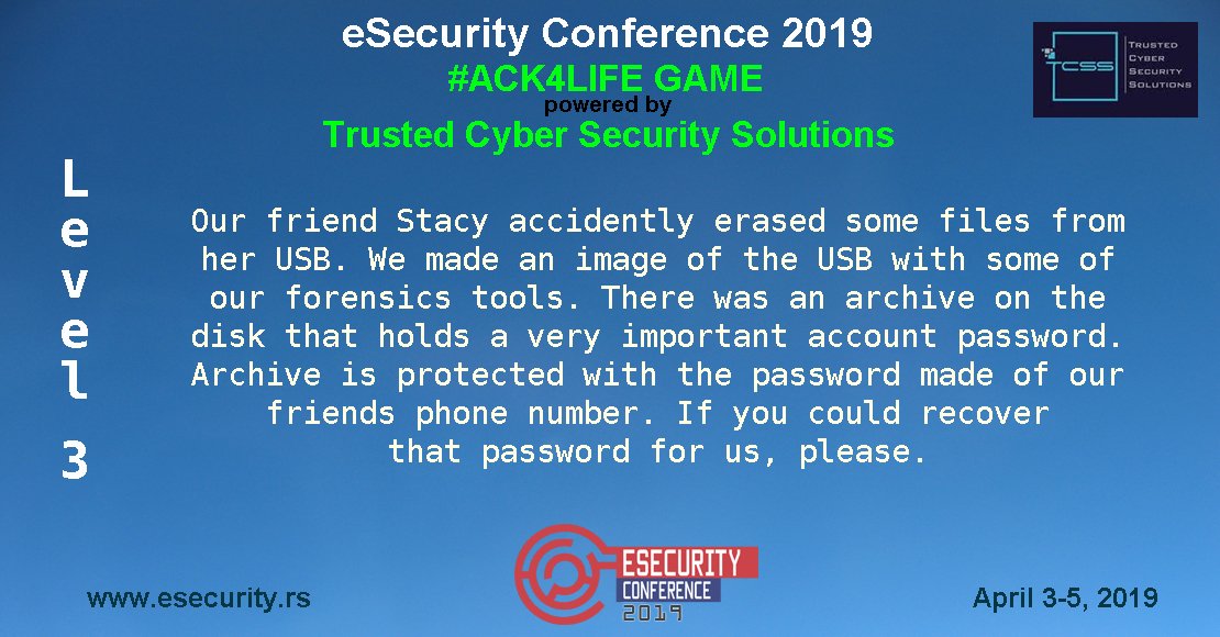 eSigurnostSRB's tweet photo. LEVEL 3 - Here is the image of the erased USB.
https://t.co/FVyIMwvWue
#ack4Life is hacking game that makes you think like a hacker and allows you to get a free #eSecurity2019 Conference pass and some prices. #eSecurityHackingGame
https://t.co/kp5sraRStl https://t.co/l34Su4bdIb