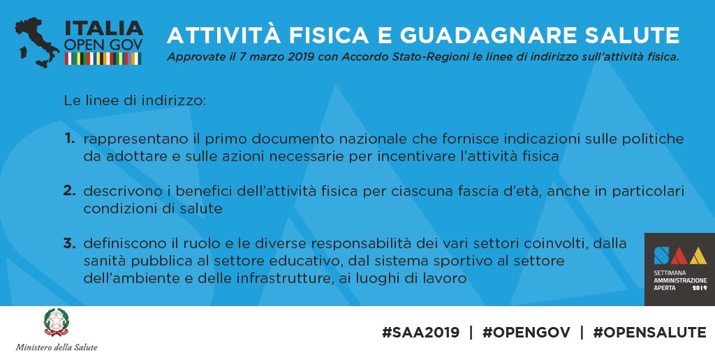 MinisteroSalute's tweet photo. #SAA2019, abbiamo una nuova strategia nazionale per promuovere l’#attivitàfisica. Vi sono indicati: responsabilità di ciascun attore, livelli raccomandati di movimento e benefici per età e gruppi di popolazione. #opensalute #opengov
Scopri di più ➡️ https://t.co/yN26mtDQ9J https://t.co/yj3tz5xXIz