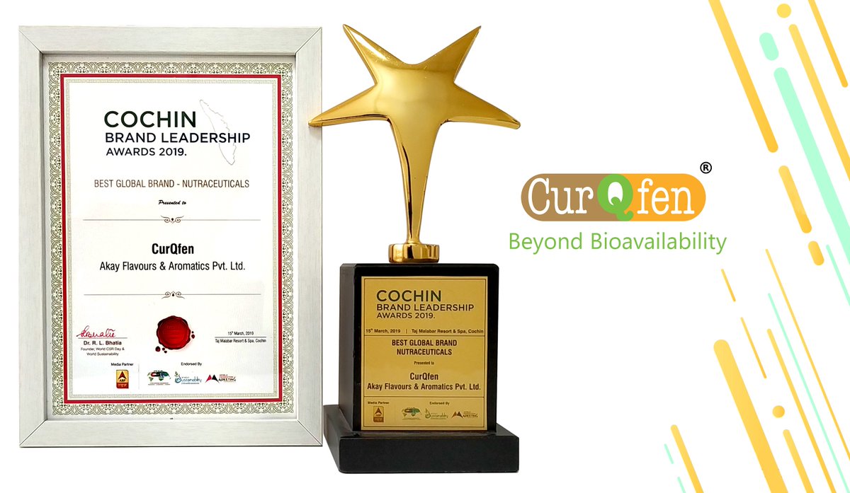 Akay_Natural's tweet photo. CurQfen - the brand name of the patented bioavailable curcumin formulation of Akay bags the Cochin brand leadership award 2019.
#curqfen #awards #spiceuticals https://t.co/C7o1zt45xX