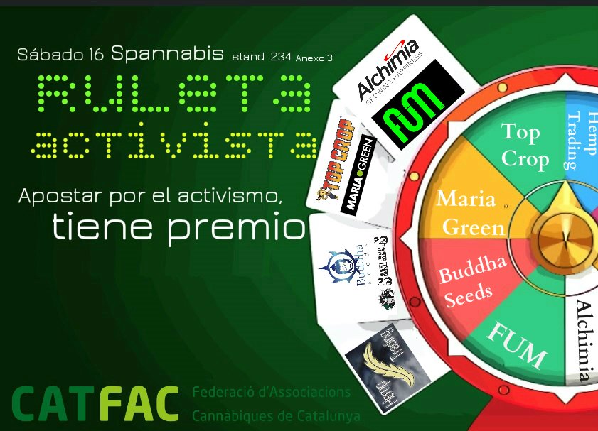 Cat_FAC's tweet photo. Avui tenim a la @FeriaSpannabis, preparats centenars de premis a la #RuletActivista, una oportunitat excel·lent de conèixer els productes de @SENSISEEDBANK @BuddhaSeeds @alchimiaGrow #topcrop #hempTrading #FUM #MariaGreen https://t.co/jPaXJHdlK4