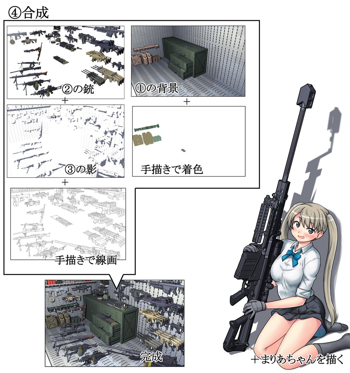 #リトルアーモリー
さっきの銃器大集合絵のメイキング的なもの🐷
うちのPCのパワーですべての3D形状を一度に読み込めるはずもないので分割して色々とやってますということで。
これら全行程でまる3日ってとこでしょうか。ちまちま3D銃を作ってた10年くらいの時間を除けば。