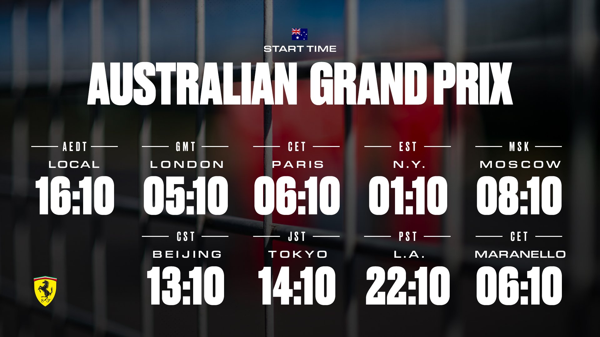 Gud smeltet Ko Scuderia Ferrari on Twitter: "Our clocks are set to #AusGP time! Are yours?  Familiarise yourself with the race times around the world for tomorrow ⏰  #SF90 #essereFerrari https://t.co/N6c23HqLrC" / Twitter