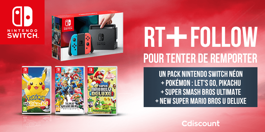 Cdiscount's tweet image. 🎁 #Concours

👉 Tentez de remporter une #NintendoSwitch + Pokemon : Let's Go Pikachu + Super Smash Bros Ultimate + New Super Mario Bros U Deluxe : bit.ly/2XUWaeN !

🔸 Pour tenter votre chance : 
1) #RT ce tweet
2) Follow @Cdiscount

TAS 21/03