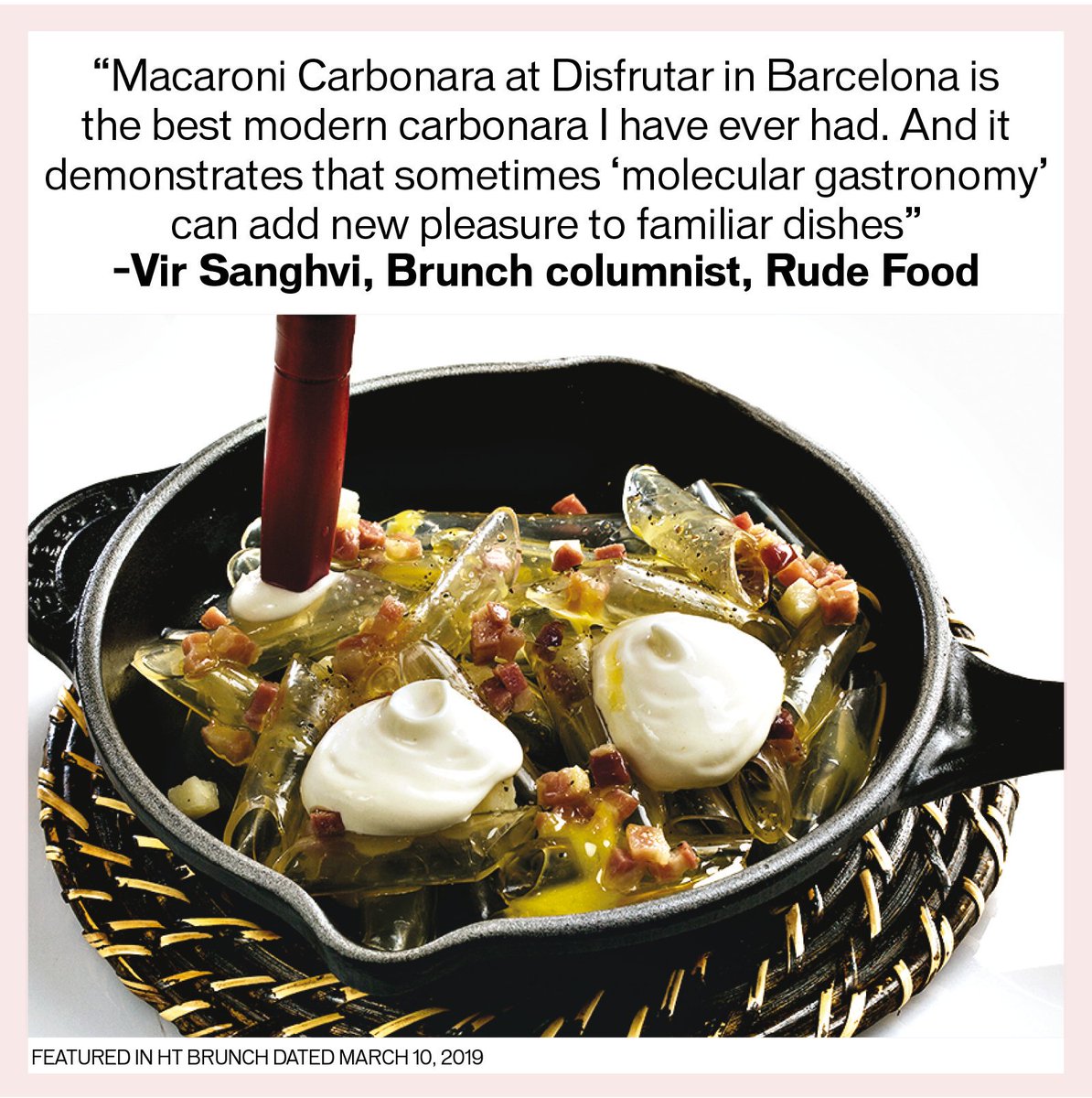 HTBrunch's tweet photo. Macaroni carbonara is made with tubes of transparent guanciale-flavoured gelatine at Disfrutar in Barcelona. @virsanghvi writes in his ode to Carbonara in this week's #rudefood
#Macaroni #carbonara #pastadish #pasta #foodieparadise #foodforthought #carbonarapasta #brunchcolumn https://t.co/wpb0icdB5M
