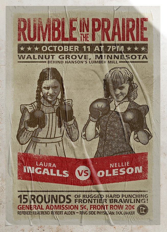 burncreative's tweet photo. Little House on the Prairie boxing match poster.

#GraphicDesign #poster #posters #littlehouse #littlehouseontheprairie #little_house_on_the_prairie #LauraIngalls #NellieOleson #parody #1970s #1980s #boxing #photoshop #illustration https://t.co/eZbiLUeFk3