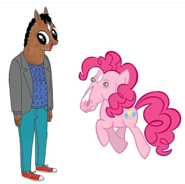 Bojack Horseman with a short face and huge eyes (in the style of MLP Friendship is Magic) and Pinkie Pie, but with a realistically proportioned horse head in the style of Bojack Horseman.