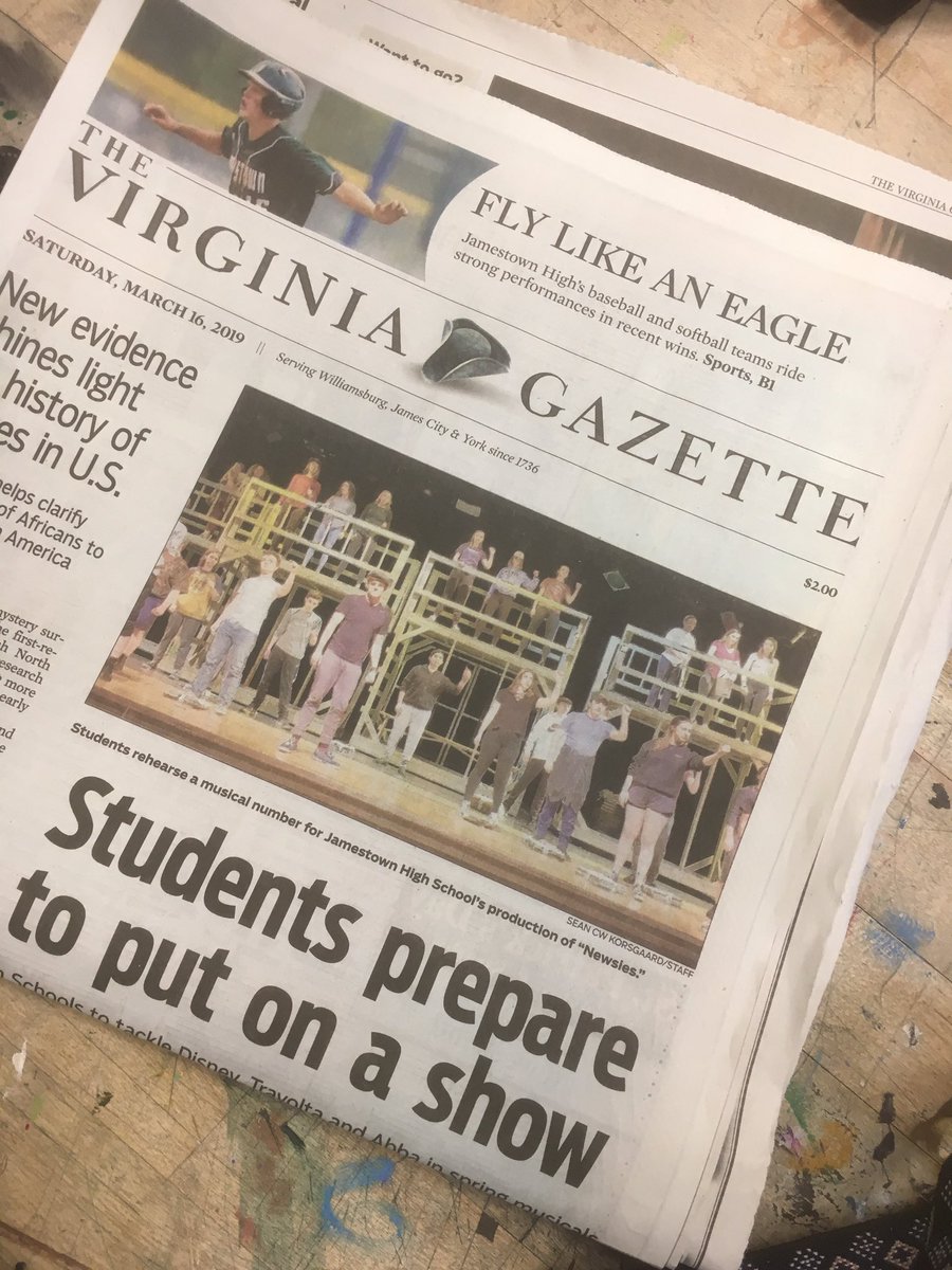 Jamestown HS Theatre (@jamestowndrama) on Twitter photo #JHSnewsies is front page of the <a href="/vagazette/">The Virginia Gazette</a> “Front page, above the fold...ABOVE THE FOLD” and below and inside!! Check it out to get info on <a href="/LHS_RAMSTHEATRE/">LHS RAMS THEATRE</a> <a href="/warhill_theatre/">WHS Theatre</a> and <a href="/BrutonHS/">Bruton High School</a> #TIOS19 <a href="/vathespian/">VA Thespians</a> <a href="/VTASecondaryDiv/">VTA Sec Schools Div</a> @schooltheatre Thanks <a href="/SCWKorsgaard/">Sean CW Korsgaard</a> #seizethedayjhs #JHSnewsies is front page of the <a href="/vagazette/">The Virginia Gazette</a> “Front page, above the fold...ABOVE THE FOLD” and below and inside!! Check it out to get info on <a href="/LHS_RAMSTHEATRE/">LHS RAMS THEATRE</a> <a href="/warhill_theatre/">WHS Theatre</a> and <a href="/BrutonHS/">Bruton High School</a> #TIOS19 <a href="/vathespian/">VA Thespians</a> <a href="/VTASecondaryDiv/">VTA Sec Schools Div</a> @schooltheatre Thanks <a href="/SCWKorsgaard/">Sean CW Korsgaard</a> #seizethedayjhs