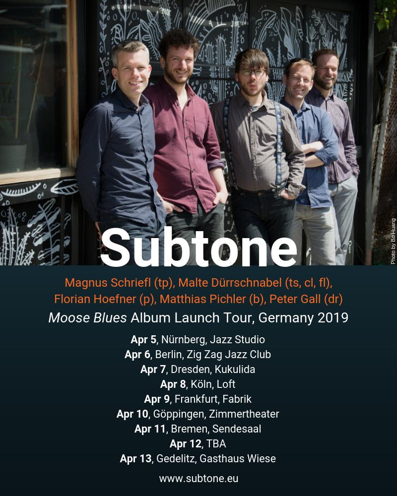 subtonejazz's tweet photo. Our German spring tour is starting in less than 3 weeks! We are excited to go on the road again to play #MooseBlues live! @florianhjazz @LaikaRecords @jazzstudio_n @SendesaalBremen @DieFabrikFFM #jazz #tour https://t.co/z5Um4rESRf