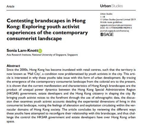 USJ_online's tweet image. New article by Sonia Lam-Knott on Contesting #brandscapes in #HongKong: Exploring #YouthActivist experiences of the contemporary consumerist landscape ow.ly/CW5W30o2VpO