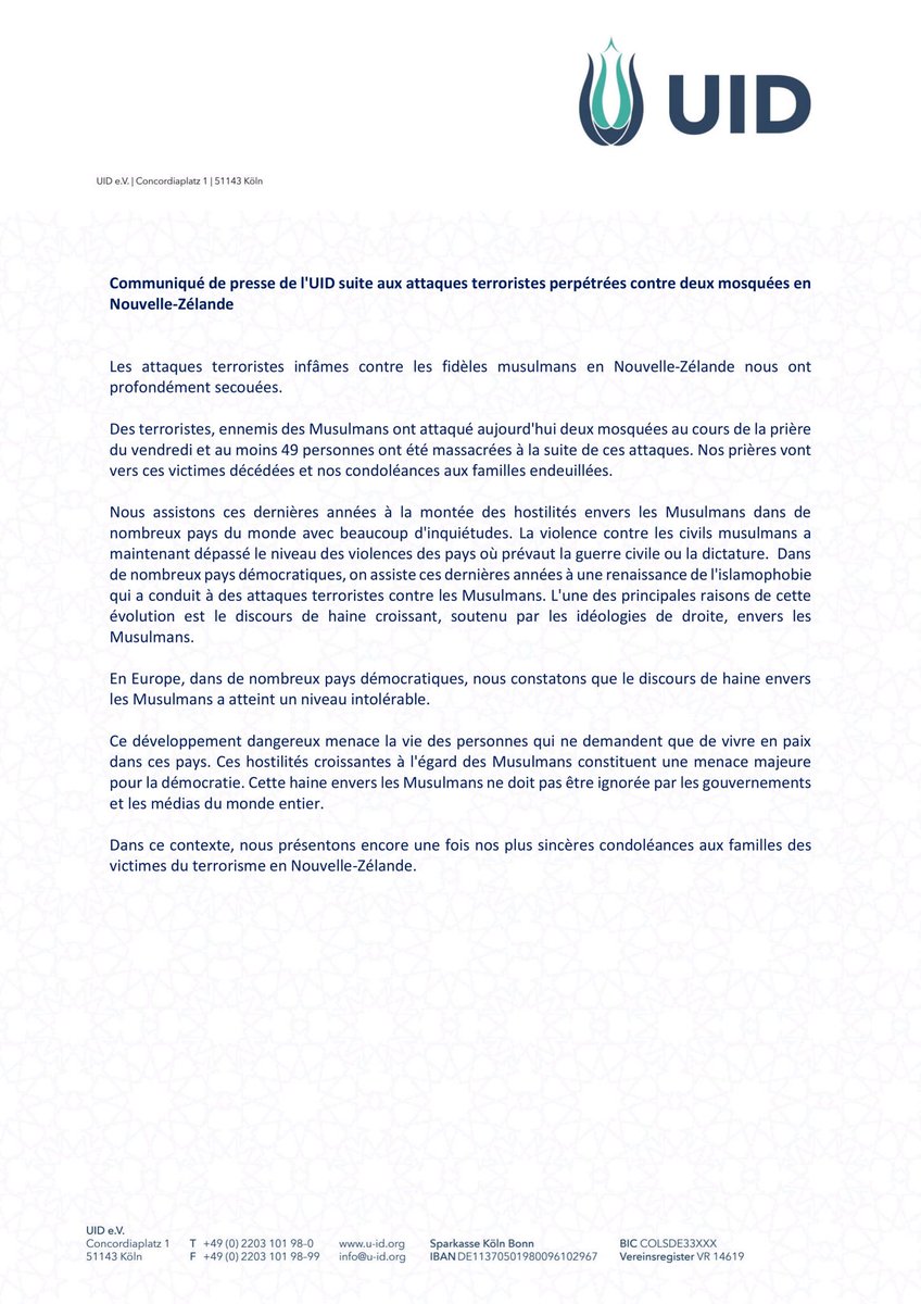 Communiqué de presse de l'UID suite aux attaques terroristes perpétrées contre deux mosquées en Nouvelle-Zélande

#NewZealand #Islamophobia
#MosqueMassacre #ChristChurch

@bilgi_blent