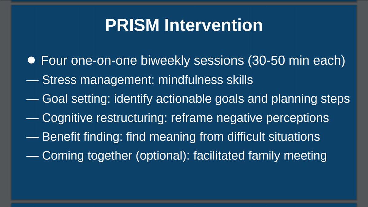 Pallimed's tweet image. This study looked at patients 12-25 with new, progressive, recurrent or refractory cancer. They underwent 4 1-on-1 biweekly sessions delivered by trained non-clinica staff. The .details of the PRISM intervention are in the image.

#hpmSOTS #hpm19 #ayacsm