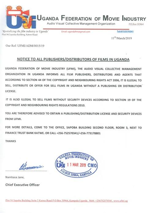 pearlwoodug's tweet photo. To ALL #Film Publishers & Distributors:
#UFMI is issuing film distribution licenses. Apply & register today.
NOTE: It is illegal 2 distribute films without a license from the rights owners and or without a security device.
Promoting #IP, #Copyright as well as #Film_business https://t.co/nGKz3XhPuV