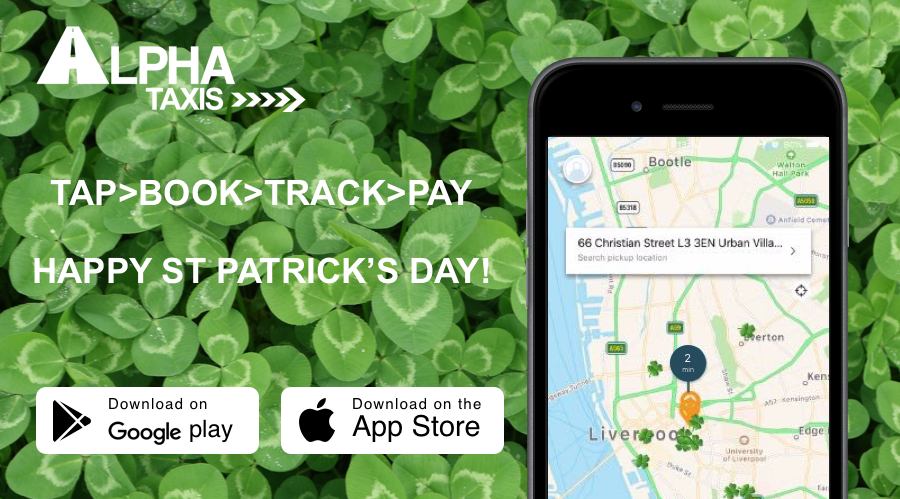 AlphaTaxis's tweet photo. Happy St Patrick's day everyone! If you're planning on having your fix of Guinness &amp; Jamesons this weekend book your taxi through our app &amp; follow your lucky four leaf clover as it makes it's way to you. #alphataxiliverpool #liverpoolsnumber1 #stpatricksday #luckoftheirish https://t.co/xoxw3c90pJ
