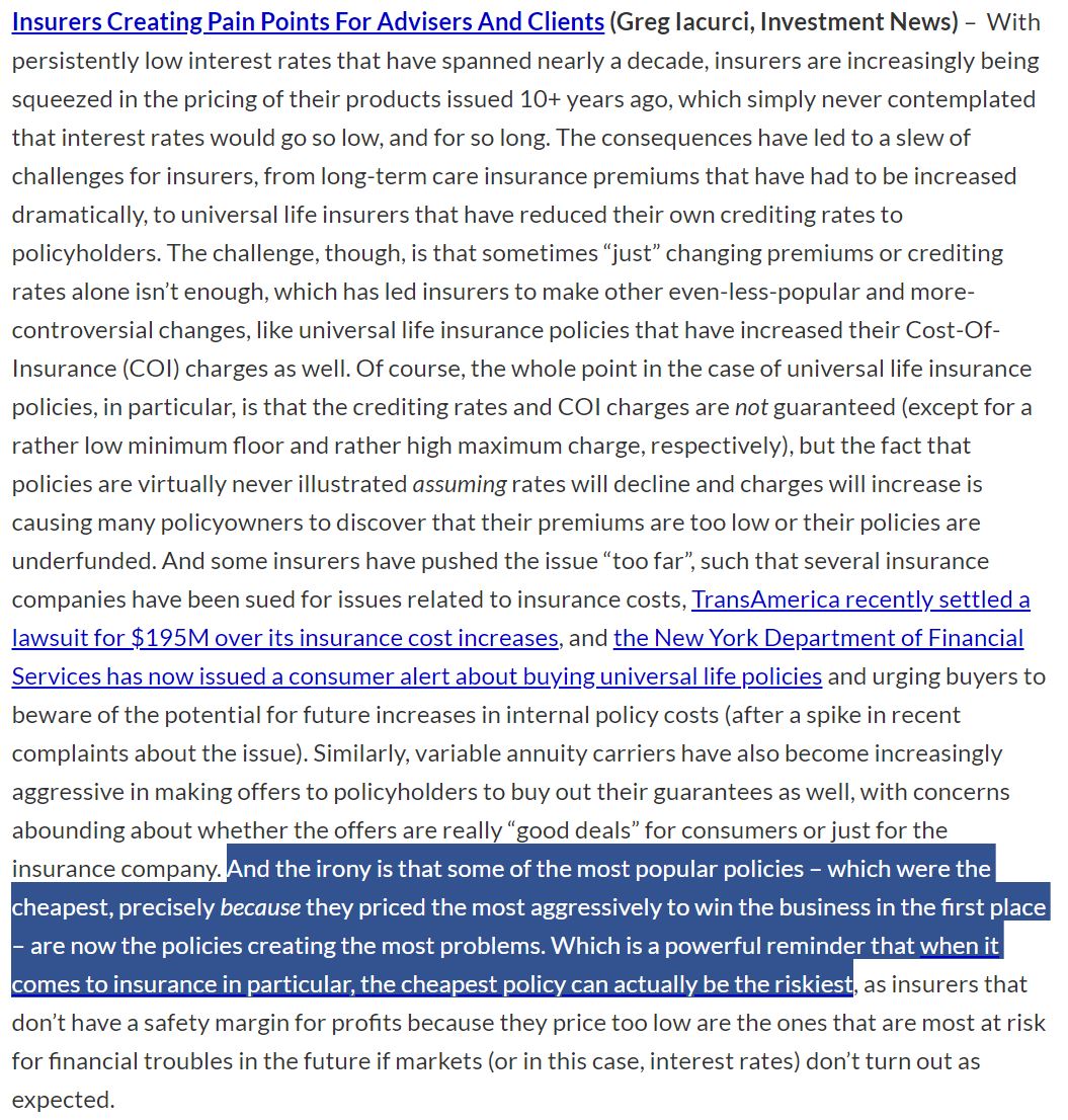 BarryDFlagg's tweet photo. ... Which is a powerful reminder that when it comes to insurance in particular, the cheapest policy can actually be the riskiest" per @MichaelKitces via #NerdsEyeView #WeekendReading. https://t.co/8VFcFeOhd4