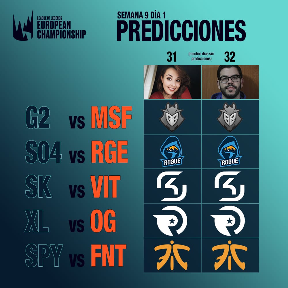 AmigaDeNemo's tweet photo. Hola caracola! Se viene el último día de liga regular en #LEC y no puede estar más interesante. Mucho en juego hoy @mzabalaa #LECenLVP9 #LECenLVP https://t.co/KJWPkZWXIp