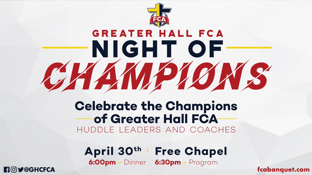 GHCFCA's tweet photo. SAVE THE DATE for @GHCFCA Night of Champions! Celebrating the students and coaches who lead #FCA on their campuses! #Champions4Christ
Champion Sponsorships are still available at https://t.co/UPIdtToh76. https://t.co/QYPQlVdsmq