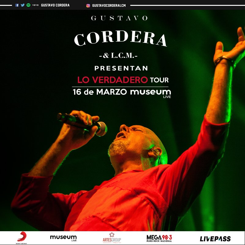 🎸 H o y

Gustavo Cordera en <a href="/MuseumLiveAr/">MuseumLive</a> 
Presentando " LO VERDADERO" tour
-
🎟Podés adquirir tus entradas en venta a través de Livepass Argentina y en Boletería a partir de las 19hs.

Te esperamos! 🎸
-
#LoVerdadero #GustavoCordera #RockNacional