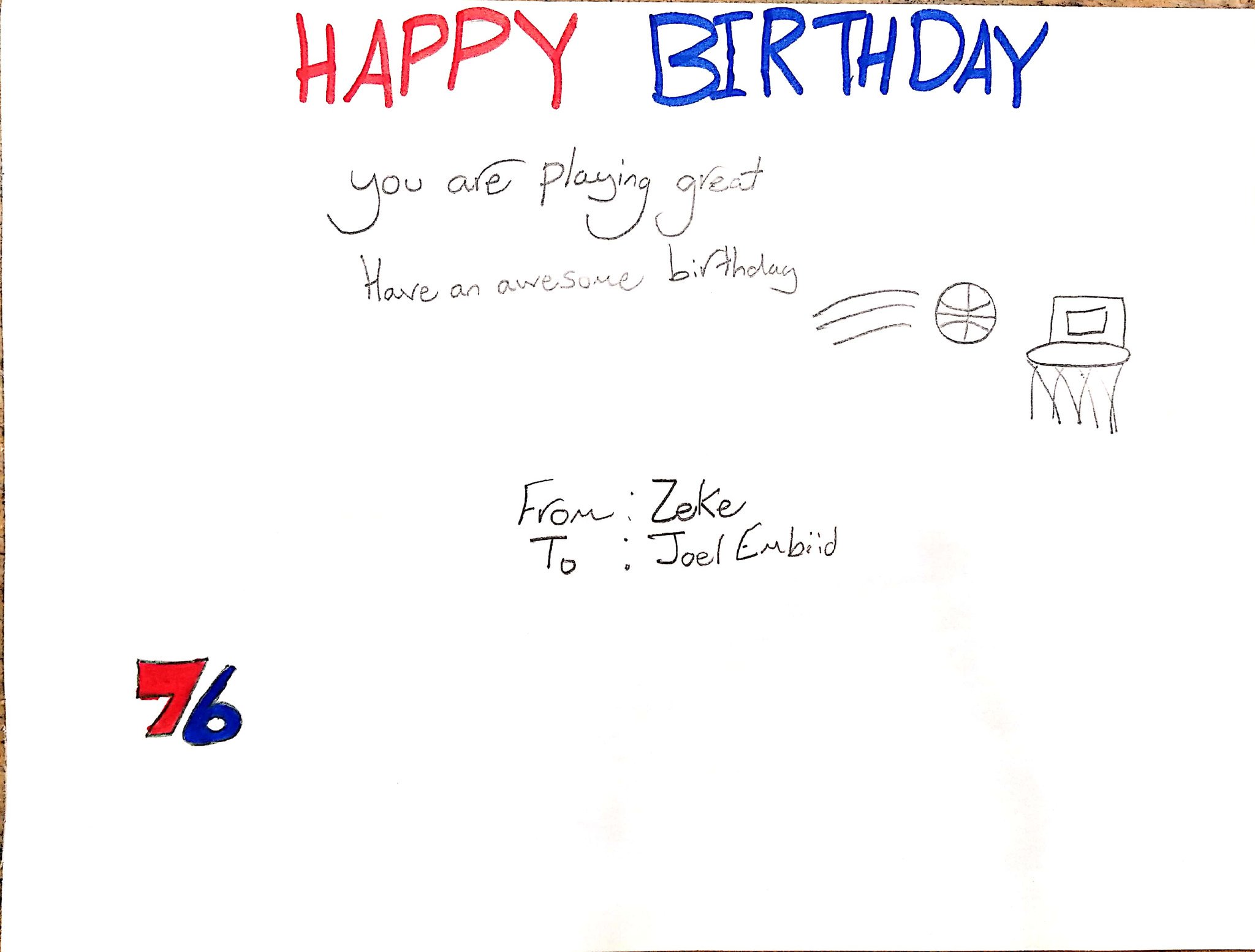 From my 9-year-old son Zeke: Happy Birthday Joel Embiid!     
