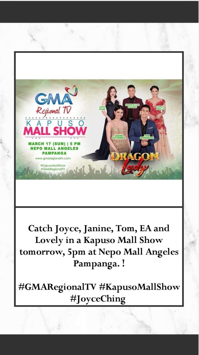 cchingcatherine's tweet photo. Sugod na sa Nepo Mall Angeles Pampanga bukas (5pm), nandun ang ilan sa mga cast ng #DragonLady !!! @chingjoyce @janinegutierrez @akosimangtomas #JoyceChing #Chinglovers #KapusoMallShow https://t.co/GpSSCXFTCI