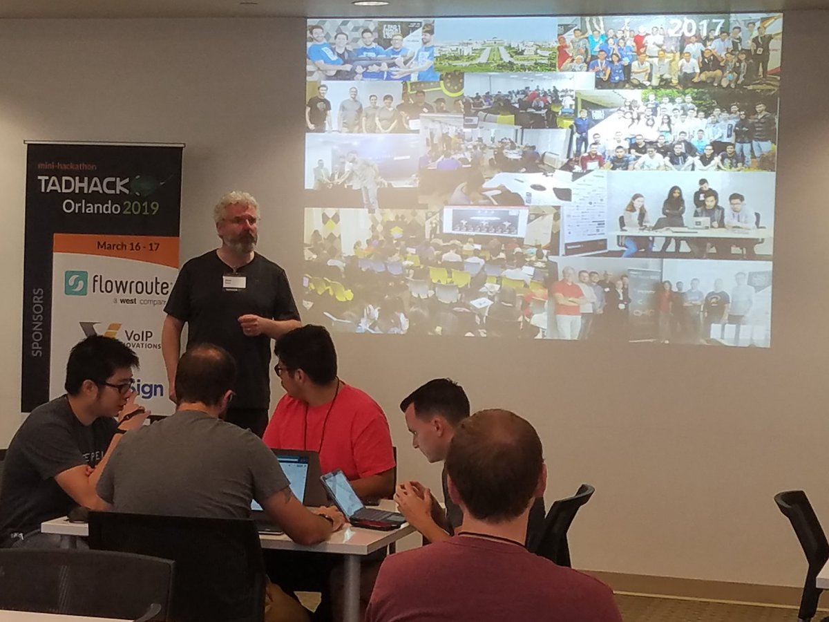 demauldin's tweet photo. Past TADHacks were highly successful! Glad we can support the current hackers. @TADHack @flowroute @Scribbledbloo @Alan_Quayle #EC19 #TADHack2019 https://t.co/8dECREvfRr