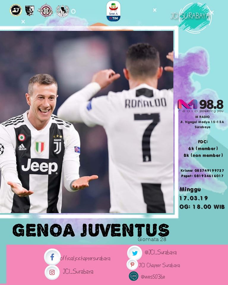 Info Nonbar Rek !!!

📺 Genoa Vs Juventus
📆 Minggu, 17.03.19
⌚ 18.00 WIB
📍 <a href="/mradiosby/">M Radio Powering You</a>
(Jl. Ngagel Madya 15-15A)
💰 6k/8k (Soft Drink)
☎️ 0857.4919.9727 - 0819.3461.6017

#John 

<a href="/JCIndonesia/">Juventini Indonesia</a> <a href="/DonnaJCISBY/">Donna JCI Surabaya</a>
