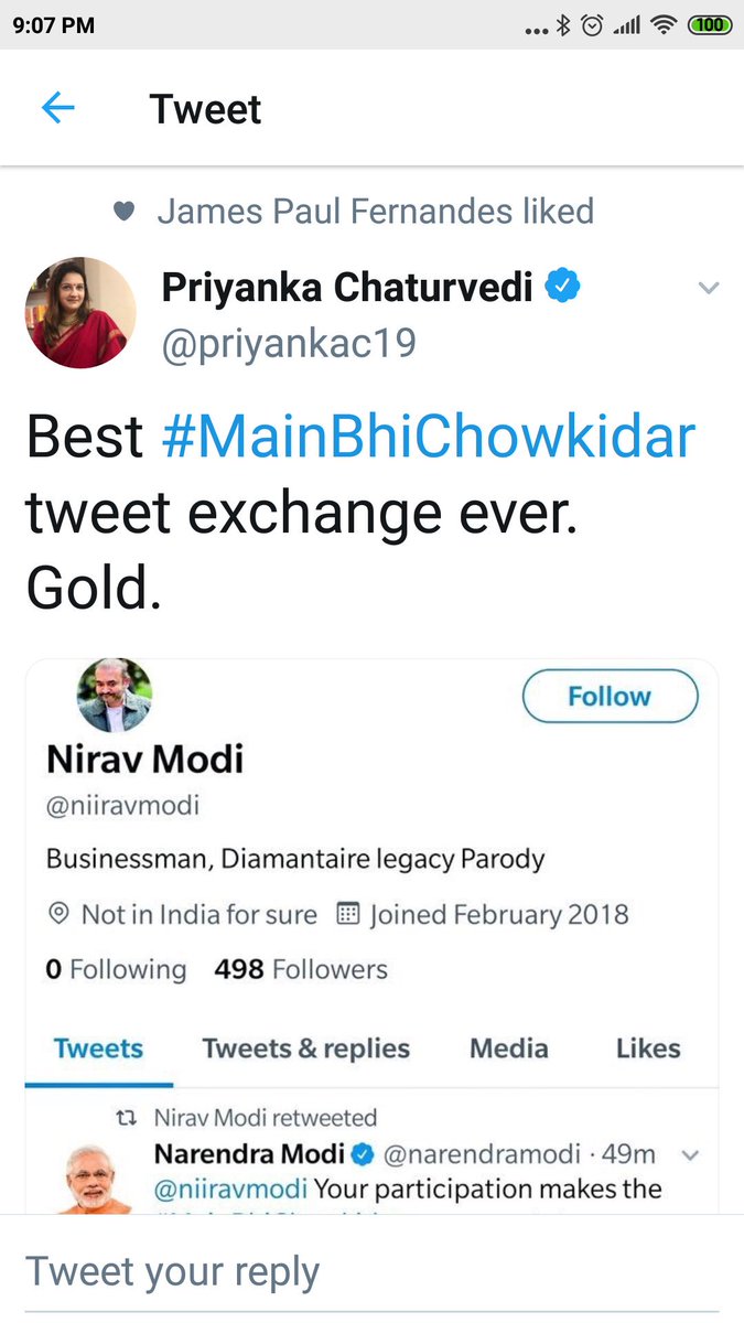 sandeepvarma15's tweet image. .looks #DoubleFault in this case...
#FakeHandle of #NiravModi made by someone from @INCIndia probably.
Secondly, @PMOIndia employing a bot to reply to people using the #MainBhiChowkidar. Looks like repeat of #MSGscandal in which @Nestle was caught.
@amishah0505 @sharmarajat