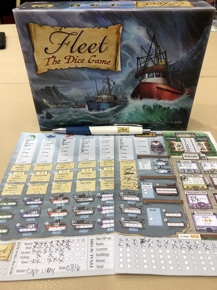 keepgamingindy's tweet photo. #IndyCon2019 day 2! Fleet the Dice Game with @arsmith7 @Hahnarama @michaeldilisio and @LizzyMcGrevy 🐠🐡🐟🦀🦐 https://t.co/eLPPdyjm9O
