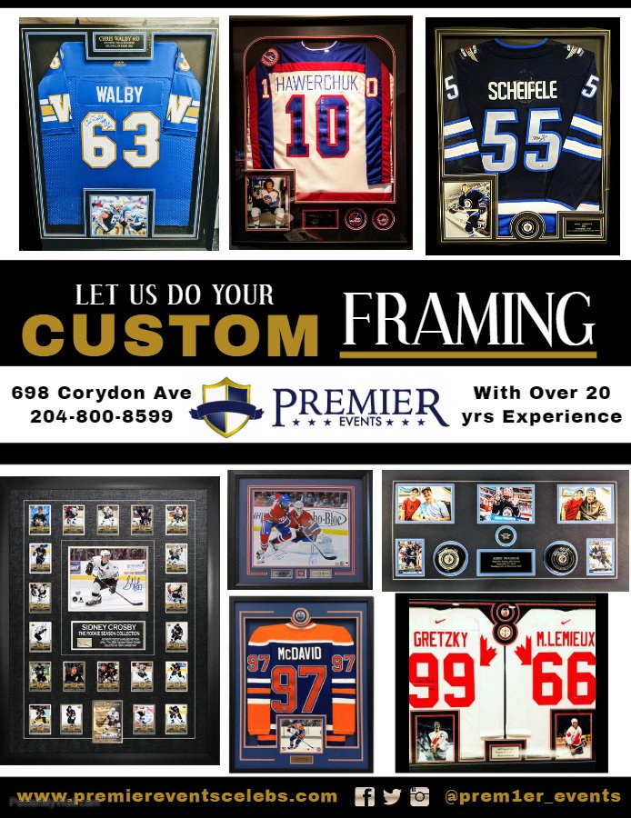 Drop by our Gallery at 698 Corydon Ave today. Our Custom Framing Dept would be proud to put your Jersey, Puck, Photo, Baseball, Sports Cards, Boxing Glove, Team Photo, Medal ....You name it behind glass!!